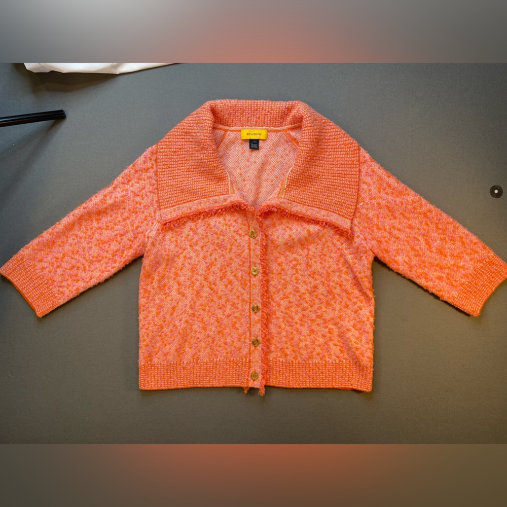 St.John Knit Jacket, Boucle Fringe,โ Gold Tone Buttons,Size Large